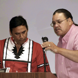 Tribal Sub-Chief Tim Davis and PR Director Joe Sowmick address attendees